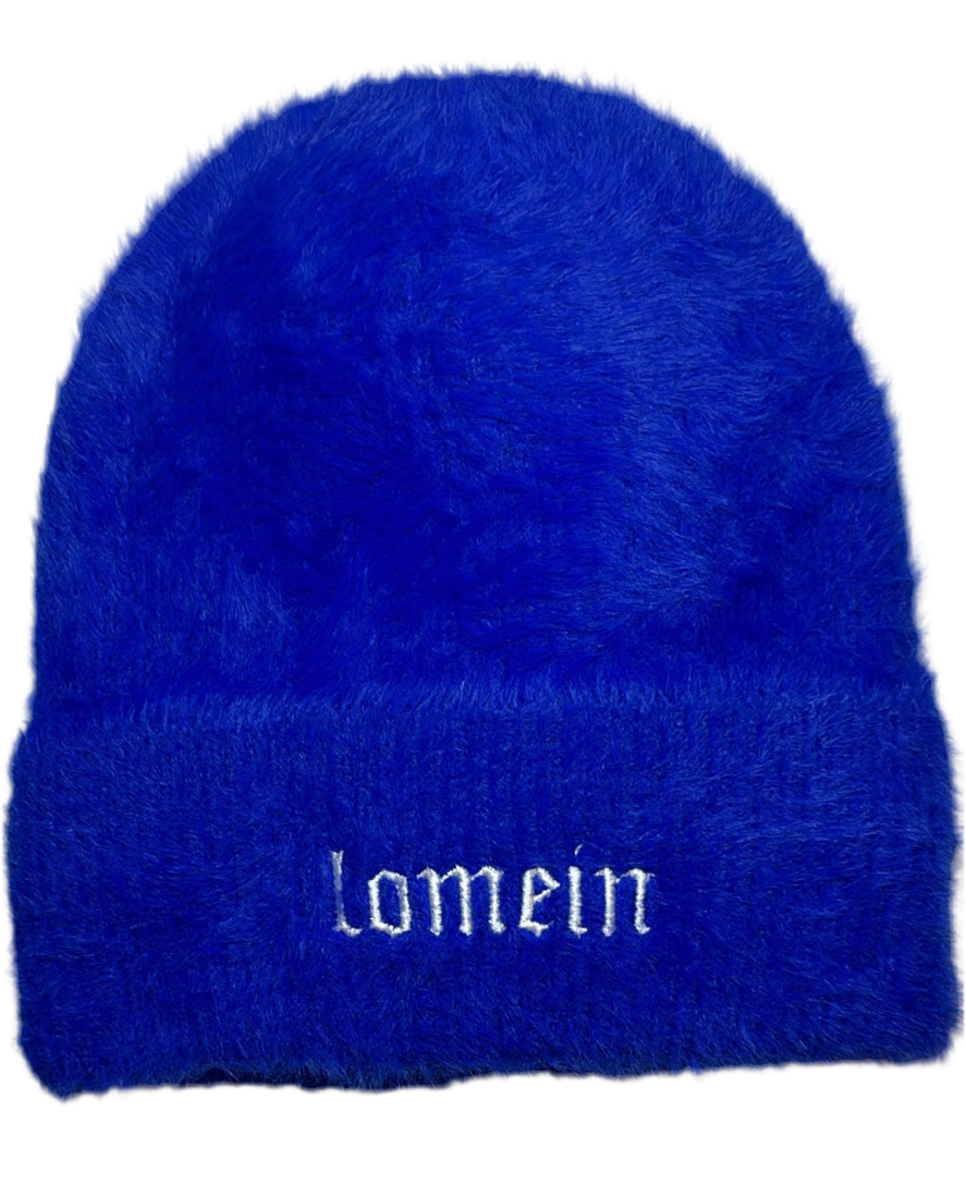 Blue Mohair beanie with white embodied Lomein print.